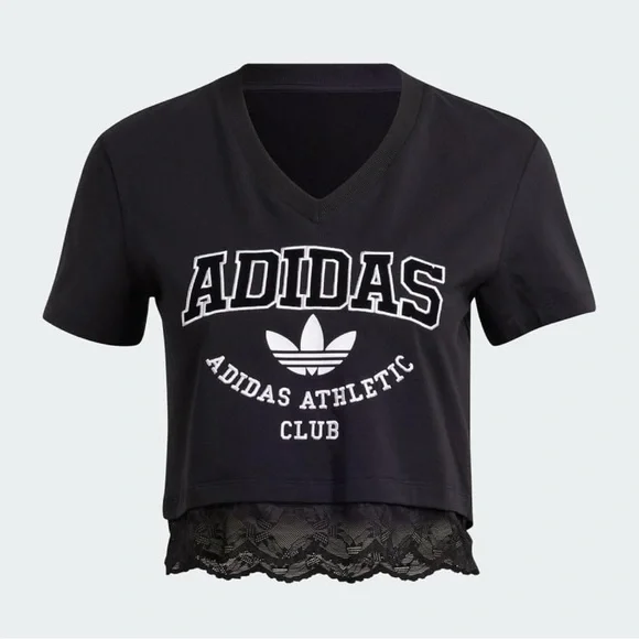 adidas Originals Size Medium Cropped Lace Trim T-Shirt Black White Crop V-Neck - Picture 3 of 8